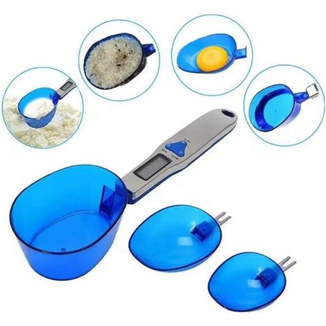 1 set. Color: Blue. Materials: Plastic and metal. Digital electronic kitchen scale with measuring spoon. Storage bag for the scale. (1/5)