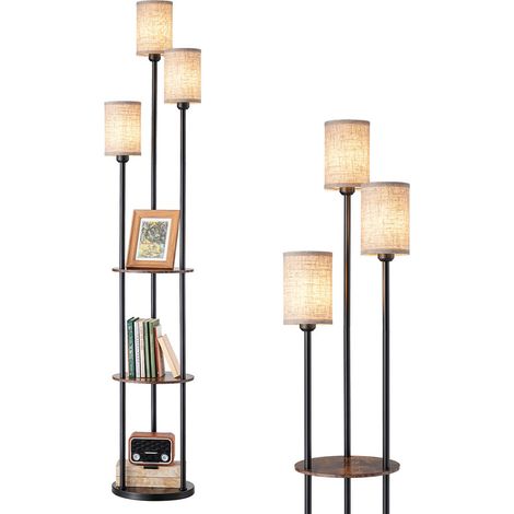EDISHINE Lámpara de Pie para Salón, Lámpara de Pie LED de 3 Bombillas con Estante y Pantalla de Lino, Base E27, Bombillas Incluidas, Lámpara Moderna para Dormitorio y Oficina, 178 cm