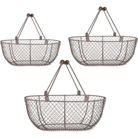 Set de 3 paniers en fil de fer et poingées en bois vintage - Marron - L 46,8 cm - Livraison gratuite (1/4)