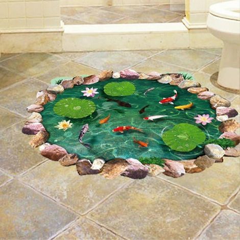 Stickers muraux 3D pour sol, piscine en pierre, fleur de lotus, carpes et poissons, pour cuisine, salle de bain, salon, chambre, chambre d'enfant. Décoration murale artistique. (1/5)