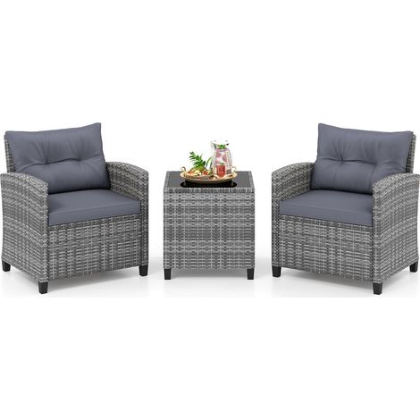 COSTWAY Set Salotto Giardino 3 Pezzi Rattan con Tavolo Vetro e Cuscini Morbidi per Esterni (1/5)