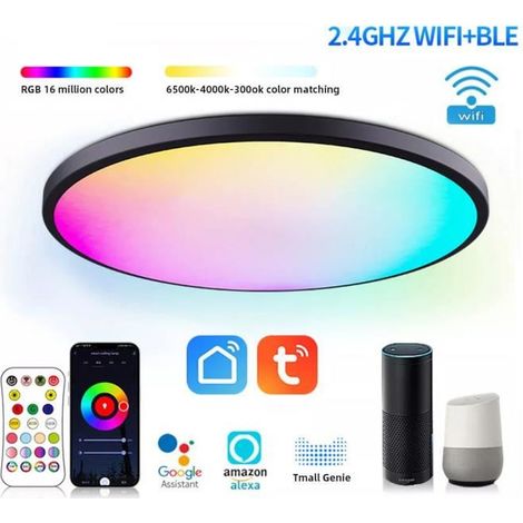 Plafonnier LED   RGB Dimmable WIFI 24W 2400LM Compatibles avec Alexa Google Télécommande pour chambre salon-Noir