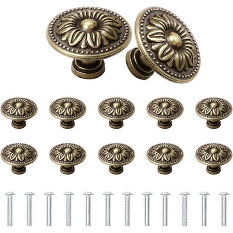 12 poignées de meubles rondes style vintage, poignées de porte et de tiroir, 30 mm, avec vis