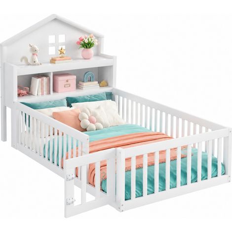 Lit cabane enfant 90 x 200 blanc avec tête de lit rangement, hublot tableau noir, barrière de protection, porte et sommier à lattes, bois et MDF - CHICFURN (1/5)
