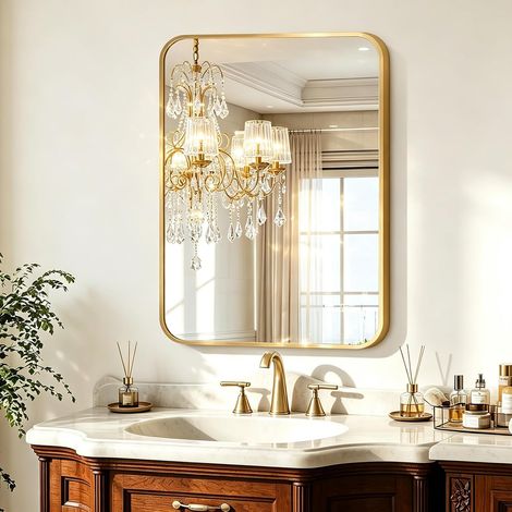 Miroir Salle de Bain 70x50cm Rectangulaire avec Cadre en Aluminium Doré Miroir Mural Rectangulaire pour Salon, Chambre, Salle de Bain (1/5)