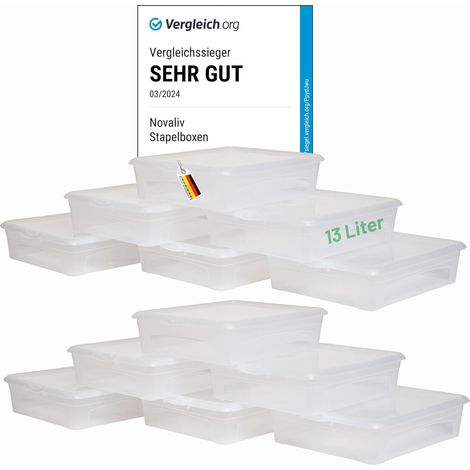 Lot 12 boîtes rangement 13 L, transparent, clip, sans BPA, 41x34x10 cm