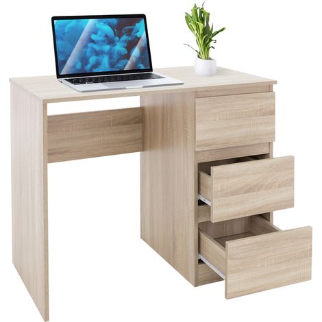 ML-Design Schreibtisch mit 3 Schubladen, 90x76x50 cm, in Sonoma-Eiche, viel Stauraum, modern, Arbeitstisch Bürotisch Computertisch Büromöbel Kinderschreibtisch Laptoptisch PC Tisch, für Heim/Büro