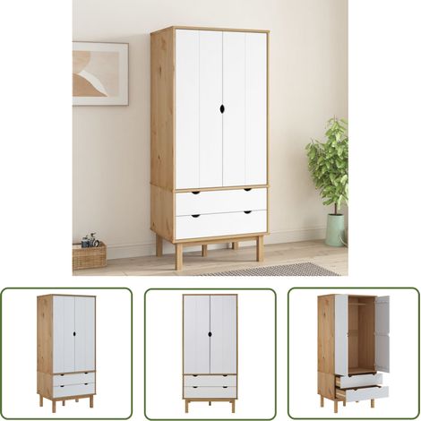 The Living Store Garde-robe OTTA Marron et blanc 76,5x53x172 cm Bois massif pin - Armoire - Meuble Rangement - Placard - Dressing - Bois Massif (1/6)