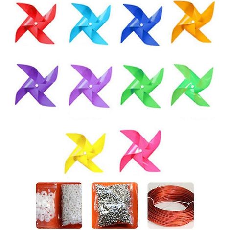 100 Windmühlen-Sets + 30 m Drahtseil + Befestigungsmaterial, wasserdicht, widerstandsfähig, aus Kunststoff