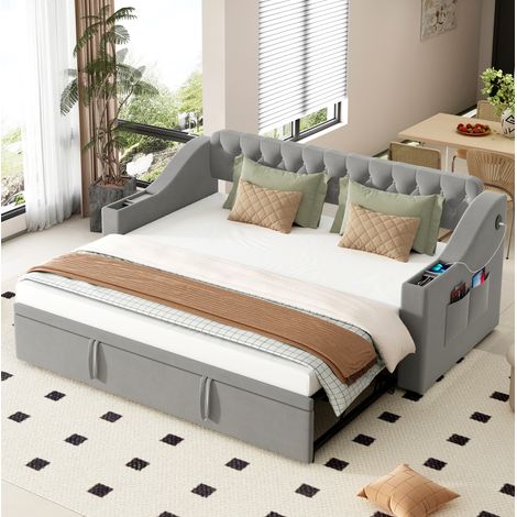Canape convertible 90x190 coffre velours gris HAVRYA (1/5)