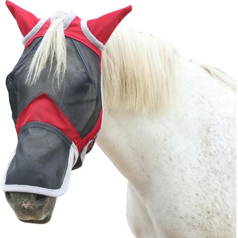 Masque Anti-Mouches pour Chevaux, Couvre-Nez/Oreilles, Rouge L (1/5)