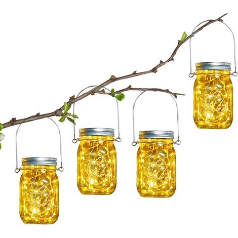 Lanterne solaire jardin - 4 guirlandes lumineuses 30 ampoules bocal avec poignée - Lampe solaire étanche IP65 antirouille extérieur intérieur - Déco fête, mariage, bar, gazebo, patio, clôtures, balcon