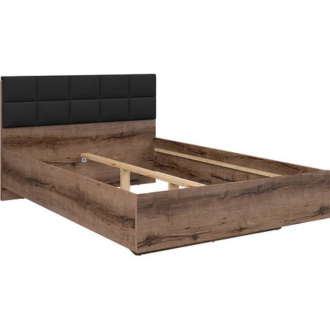 Lit double 140x200 avec tête de lit rembourrée noir ,coloris Chêne marron foncé - Longueur 206 x Profondeur 145 x Hauteur 42-98,5 cm (1/5)