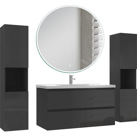 Ocean Ensemble de Meuble salle de bain 99cm + miroir led rond + 2 colonnes 131.5cm, noir Haut Brillant