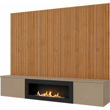 Ensemble meuble TV mural Xari L2-K avec cheminée bioéthanol - Bois MDF gris argile et chêne artisan - 160 x 158 x 40 cm - Livraison gratuite (1/3)