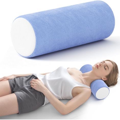 Nekkussen voor nekondersteuning, verlicht nekpijn — Nekkussen van traagsfoam (voor gebruik in bed), coussin rond, dimensions: 15,7 x 6 x 6 pouces (coloration bleu-blanc)