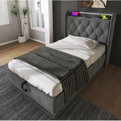 CHICFURN Letto singolo 90x200 cm in lino grigio con LED 360°, vano idraulico, senza materasso (1/5)