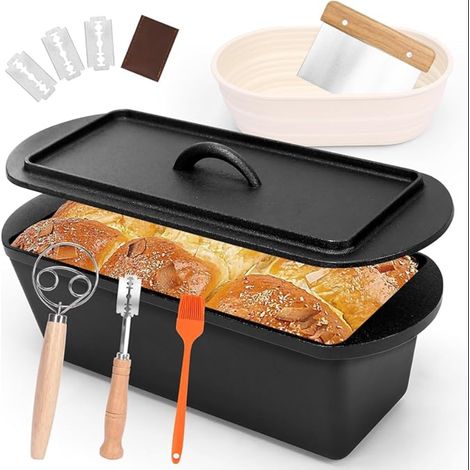 Moule à pain de 35 cm avec couvercle, poêle en fonte pour pain, banneton, panier de fermentation, corbeille à pain au levain, accessoires, toast, carré (1/5)