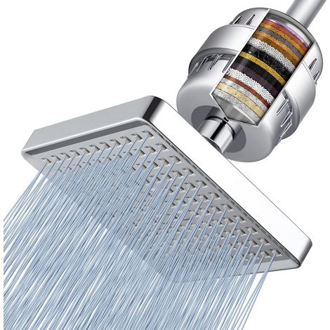 Filtre de Douche Haute Performance avec 2 Cartouches - Élimine Chlore, Métaux Lourds, Eau Dure - Adoucisseur d'Eau en 20 Étapes, Format Carré
