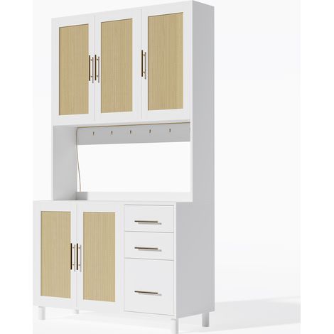 ELVMI Buffet de Cuisine avec 5 Portes, 3 Tiroirs, 2 Étagères Réglables, LED, Prises et USB, en MDF, Blanc