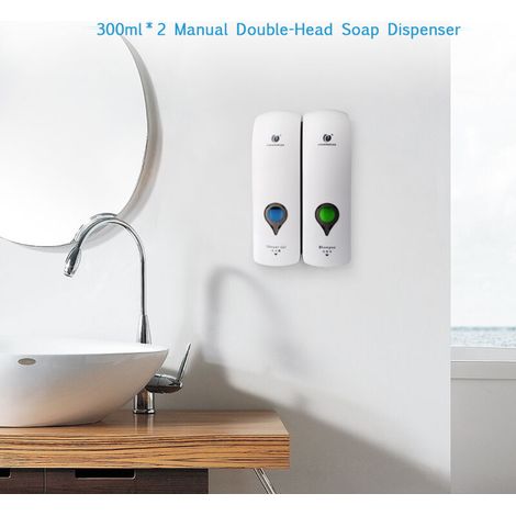 Dispensador de jabón manual de pared SJLERST de 300 ml, dispensador de jabón líquido, champú y gel de ducha, sin necesidad de perforar, para baño y cocina. (1/3)