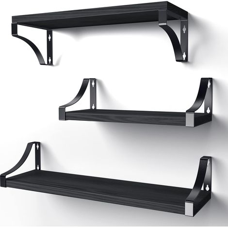 étagère Murale avec Supports métalliques, Bois de Paulownia, Noir Lot d’étagères murales, charge de 10 kg par tablette, 3 tailles, supports à double sens, idéal pour salon et cuisine (1/5)