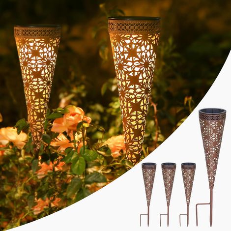 Lot de 4 lampes solaires pour extérieur, jardin, IP65, étanche, LED en métal blanc chaud, lampes solaires pour extérieur, rouille, lampes de jardin solaires vintage, décoration pour extérieur (1/5)