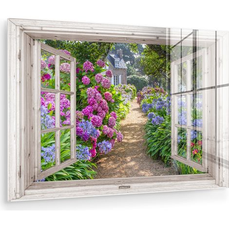 QUADRO IN PLEXIGLASS Ortensia - Trasparente - Fiori - Estate - Viola - Sentiero 60x40 cm