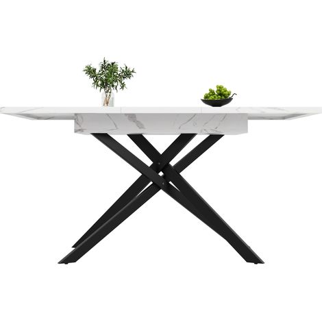Table extensible 120-160 cm, blanc aspect marbre, pieds en fer croisés noirs, gain de place pour cuisine et salon