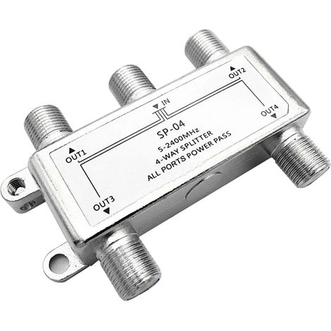 Répartiteur coaxial 4 voies, compatible avec la télévision HD, le satellite, l'internet haut débit, les amplificateurs et les antennes. Connecteurs plaqués or, résistants à la corrosion.