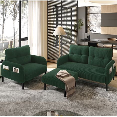 Canapé 3 pièces en cord, 2 places avec fauteuil et pouf, vert émeraude DESVIAE (1/5)