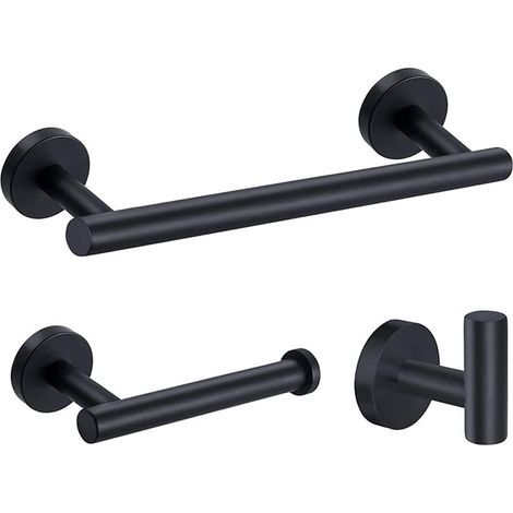 3 Pcs Porte-Serviettes Inoxydable Chrome Porte-Serviettes Mural Sets D'accessoires de Salle de Bains 12"/305mm Porte Serviette + Support Papier Toilettes + Crochets Serviettes (Noir) (1/5)