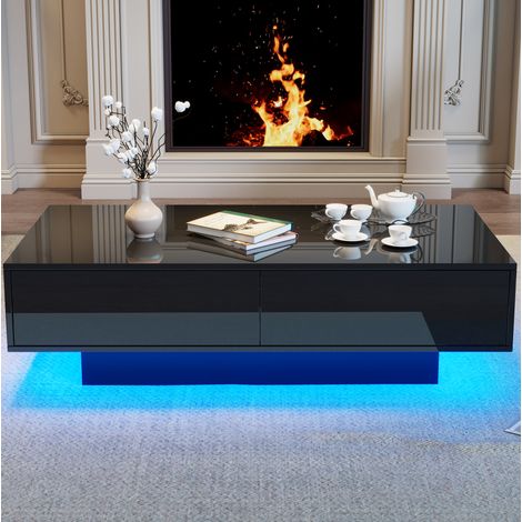 Tavolino da salotto fisso 115x55x34 cm con 2 cassetti, LED e finitura laccata lucida, nero (1/5)