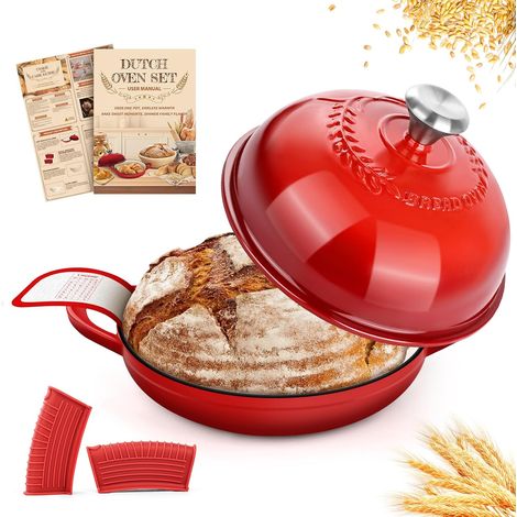 Enamelled Cast Iron Casserole, 26 cm Banneton Bread Lifting Basket, Heavy Duty Cookware for Braising Stews, Roasting Bread, Relief Lid (1/5)