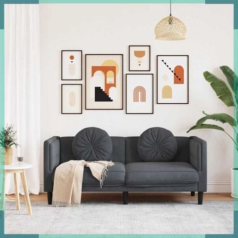 Canapé 2 places - Mod. 372633 - Velours gris foncé - Coussins ronds inclus - Structure bois massif (1/5)