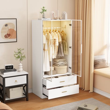Armoire Chambre Penderie avec Lumières LED, 2 Portes 2 Tiroirs, Garde Robe avec Tringle à Vêtements, Meuble Auxiliaire Moderne, Blanc, 175x80x50 cm