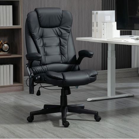 Chefsessel aus Kunstleder Schwarz, 6-Punkt-Massage, Wärmefunktion, 360° drehbar, Sitzhöhe 44-54 cm (1/5)