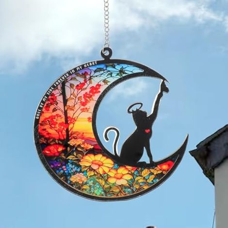 Cadeau personnalisé commémoratif pour chat perdu, attrape-soleil de sympathie avec nom et date, ornement de lune suspendu à la fenêtre, décoration de Noël, souvenir pour amoureux des chats. (1/5)