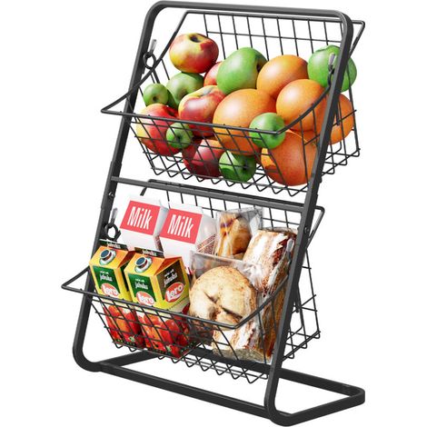 Étagère de Rangement Légumes Cuisine 2 Niveaux Amovible, Panier de Stockage Fruits Légumes, Noir (1/5)