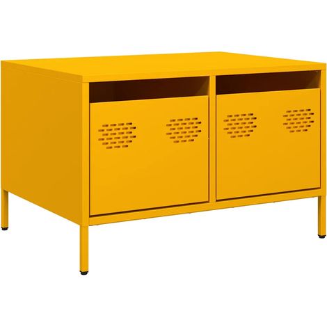 Meuble TV style industriel avec 2 tiroirs 68 x 50 x 43 cm en acier laminé à froid jaune moutarde