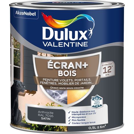 ECRAN+ BOIS - Peinture satinée pour bois extérieur - Volets, portes, fenêtres, portails - Gris Anthracite 0,5 L - Dulux Valentine