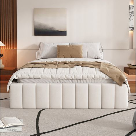 Letto imbottito minimalista 140x200 cm in velluto beige con rete a doghe e 4 cassetti, senza testiera (1/5)