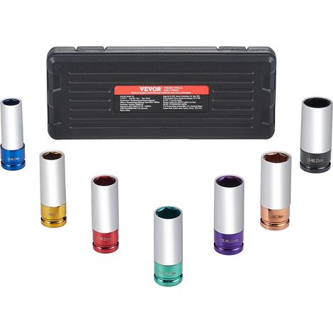 Jeu de douilles à impact pour écrous de roue 1/2 pouce, 7 tailles métriques 17 à 27 mm, coffret de rangement pour réparation automobile. (1/5)
