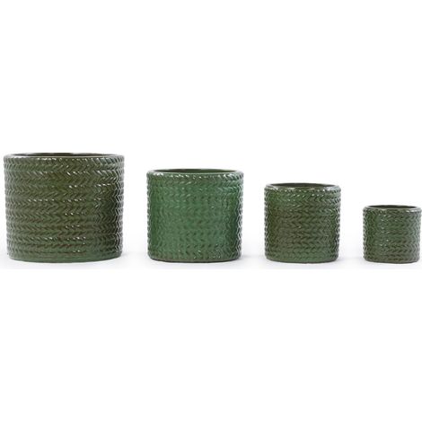 Vaso in ceramica artigianale Ø 37 cm verde oliva lucido con rilievo a spina di pesce (1/5)