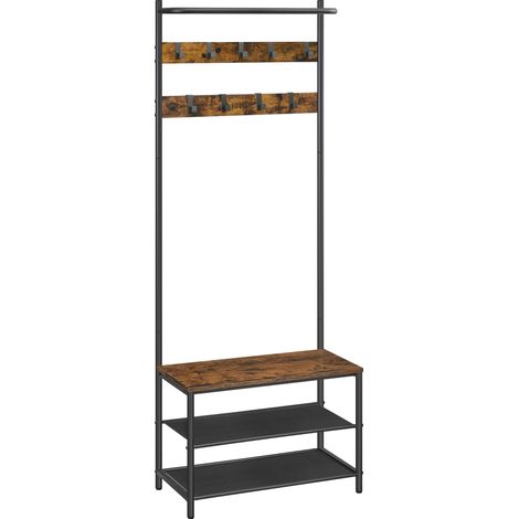 Meuble d’Entrée, Porte-manteaux, avec Banc et ÉtagÈre À Chaussures, 9 Crochets Amovibles, Tringle, 32,2 x 64 x 180 cm, pour Entrée, Chambre, Style Industriel, Marron Rustique et Noir HSR411B01 (1/5)