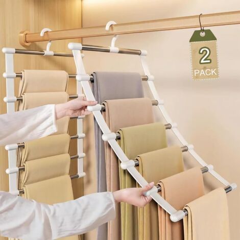 BUNTHAUS Lot de 2 cintres à pantalons peu encombrants En acier inoxydable 6 étages Peu encombrant Pliable Antidérapant Pour accrocher des pantalons, jeans, écharpes (1/5)