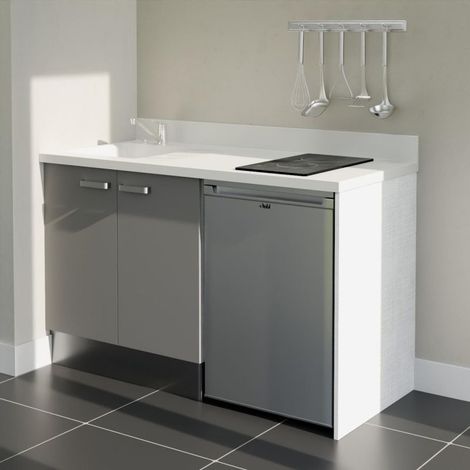 Kitchenette K17L - 140 cm - plan monobloc évier intégré Snova- évier à gauche - Façades Gris + Electroménager inclus coloris Inox