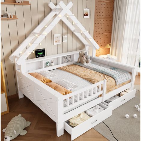 Cama infantil tipo casita 140 x 200 cm con LED, almacenaje y 2 cajones, blanca DESVIAE (1/5)