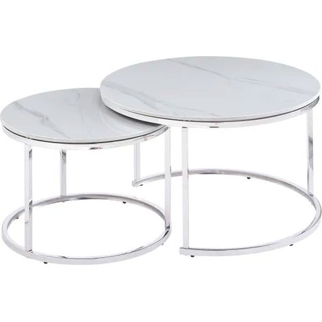 Lot de 2 tables Basses Gigogne ARTO inox et plateau en verre MARBRE BLANC (1/5)
