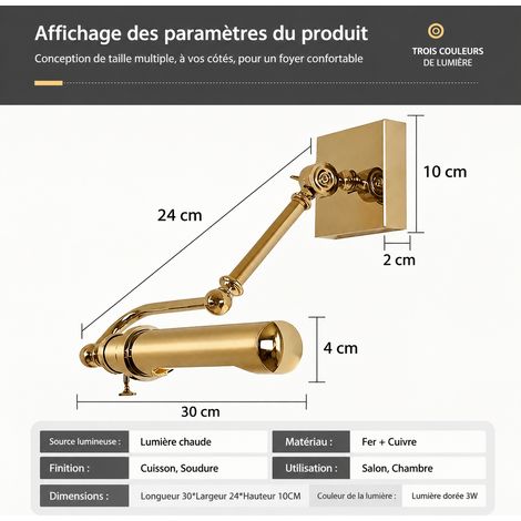 Applique Murale Rétro Bauhaus Bras Articulé Miroir Tableau couleur cuivre naturel éclairage LED 3 couleurs 36 × 36 × 12 cm 2 kg – Livraison gratuite